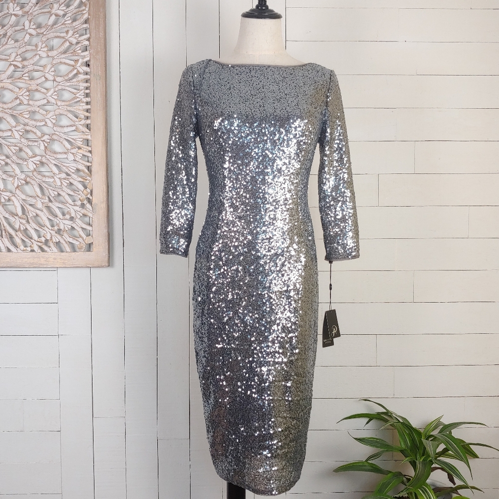 Adrianna Papell Gunmetal Sequin Sheath Dress Size 2P